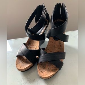 BCBGeneration Black and Cork Wedge Sandals Size 6.5B